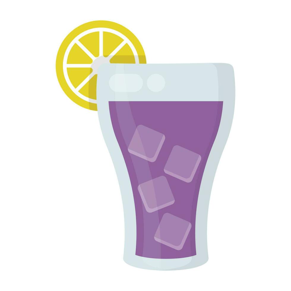 A glass with purple juice and orange slice of garnishing, icon for purple rain drink vector