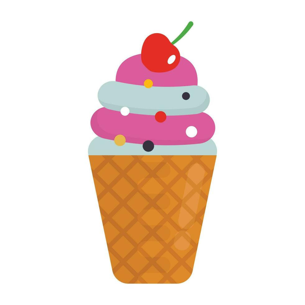 Sweet ice cream dessert with blends of numerous creamy flavors and cherry on the top, icon for sundae vector