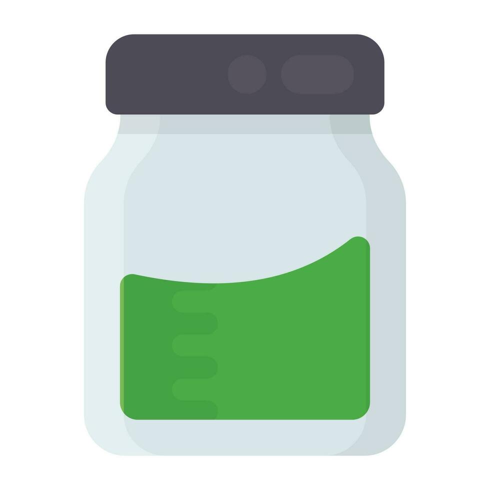 Container half filled with green serum covered with plastic lid making an icon for avocado juice jar vector