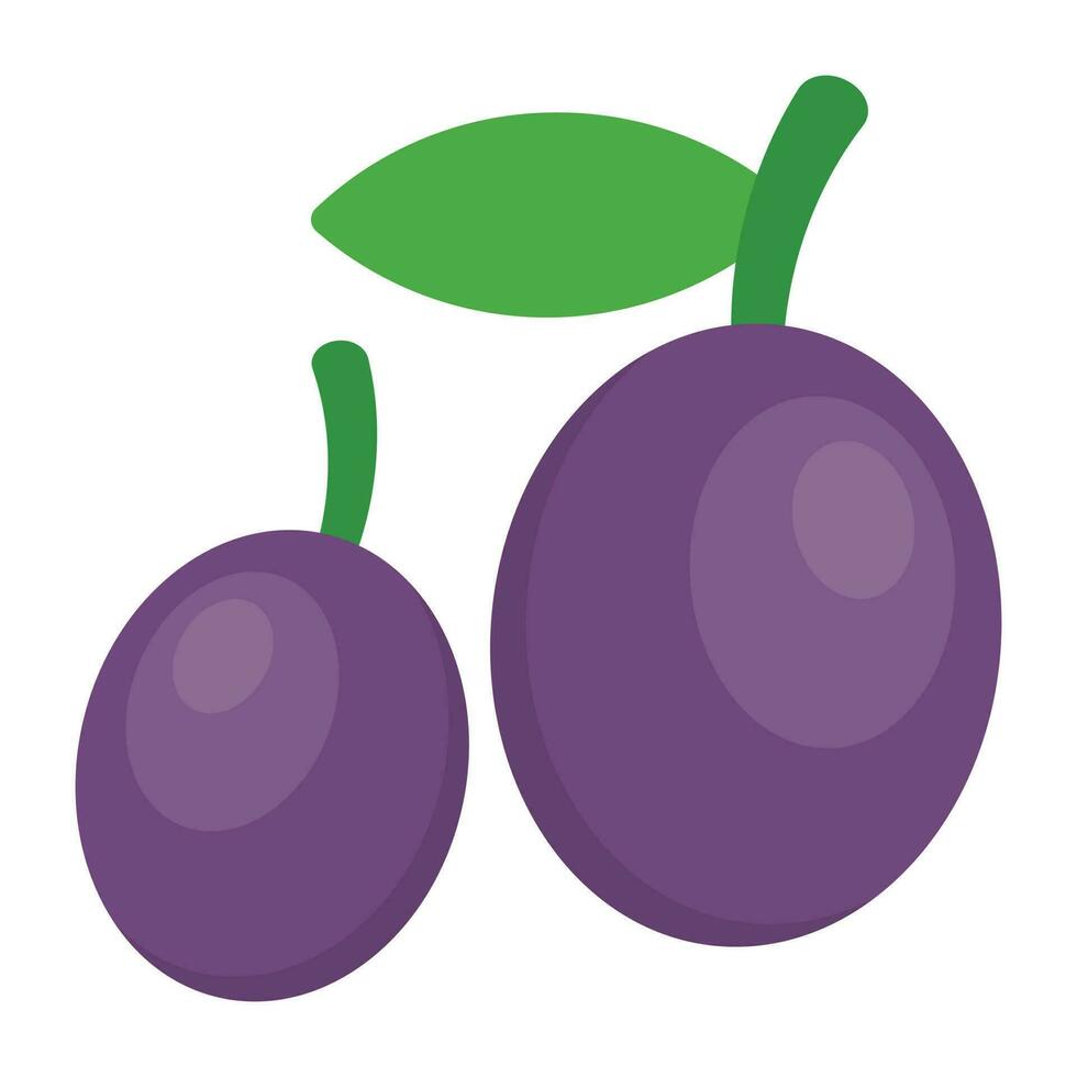 A purple colored berry like shape fruit with green leafy stem representing plum vector