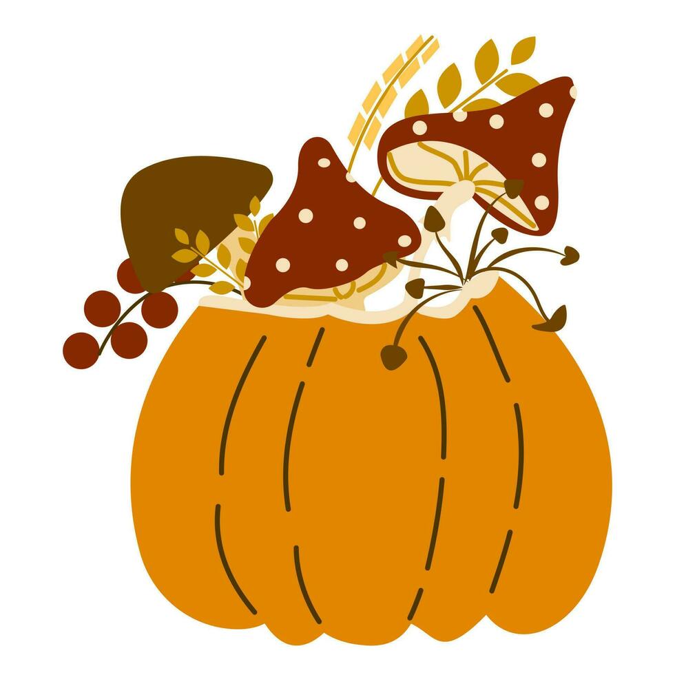 Hand drawn pumpkin with leaves, berries, mushrooms, seeds. Autumn, fall, thanksgiving and halloween decoration. Cute pumpkin vector illustration