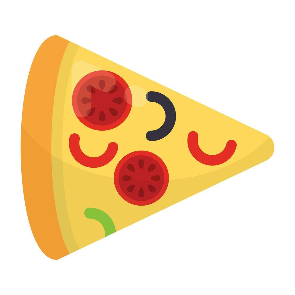 Slice of oven baked spicy pizza with tomatoes, olives and pepper on crust, this is pizza slice icon vector