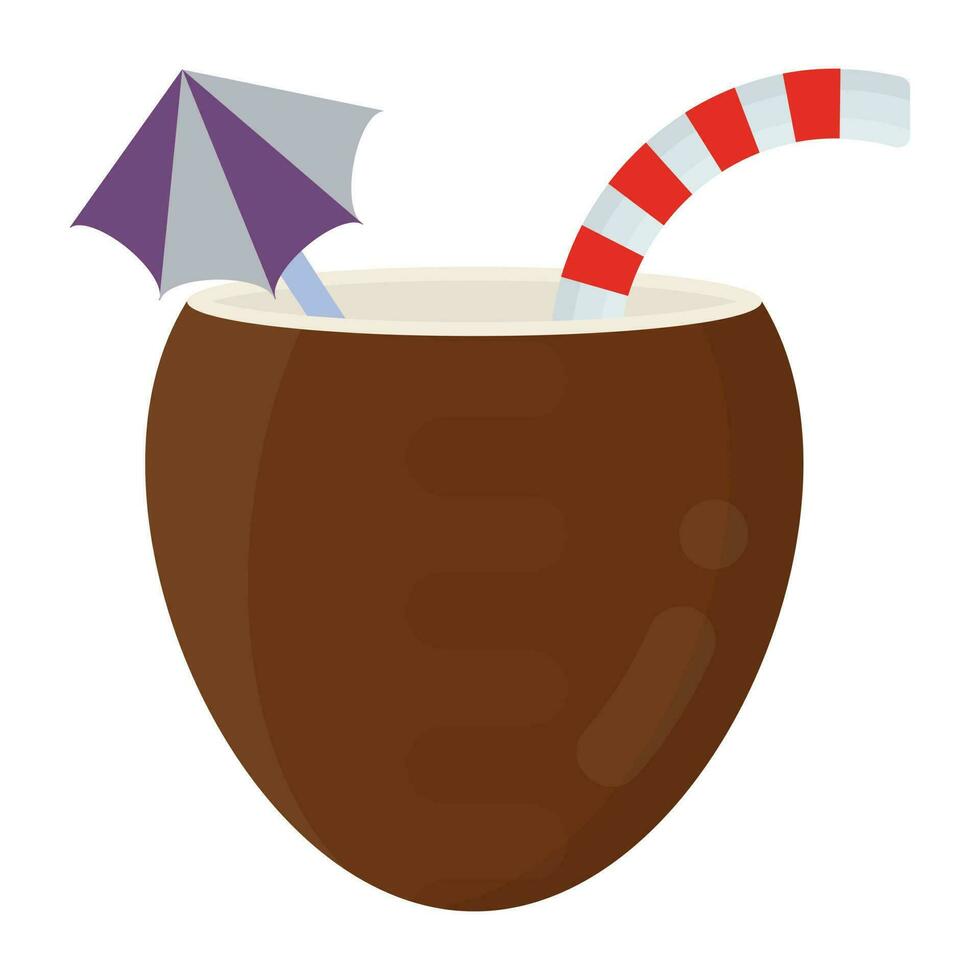 Half coconut with striped pipe and decorative paper umbrella, icon for coconut juice vector