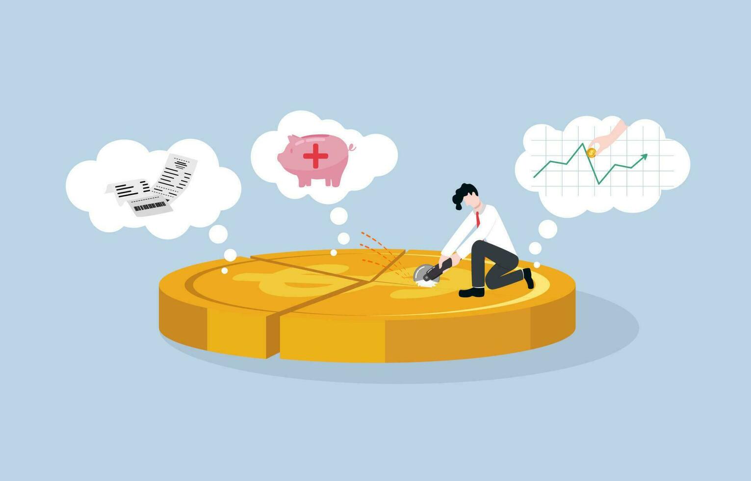 Asset management, financial planning for survival, budgeting for investment, emergency savings, expenses and debt concept. Businessman cutting dollar coin for parts following money plan. vector