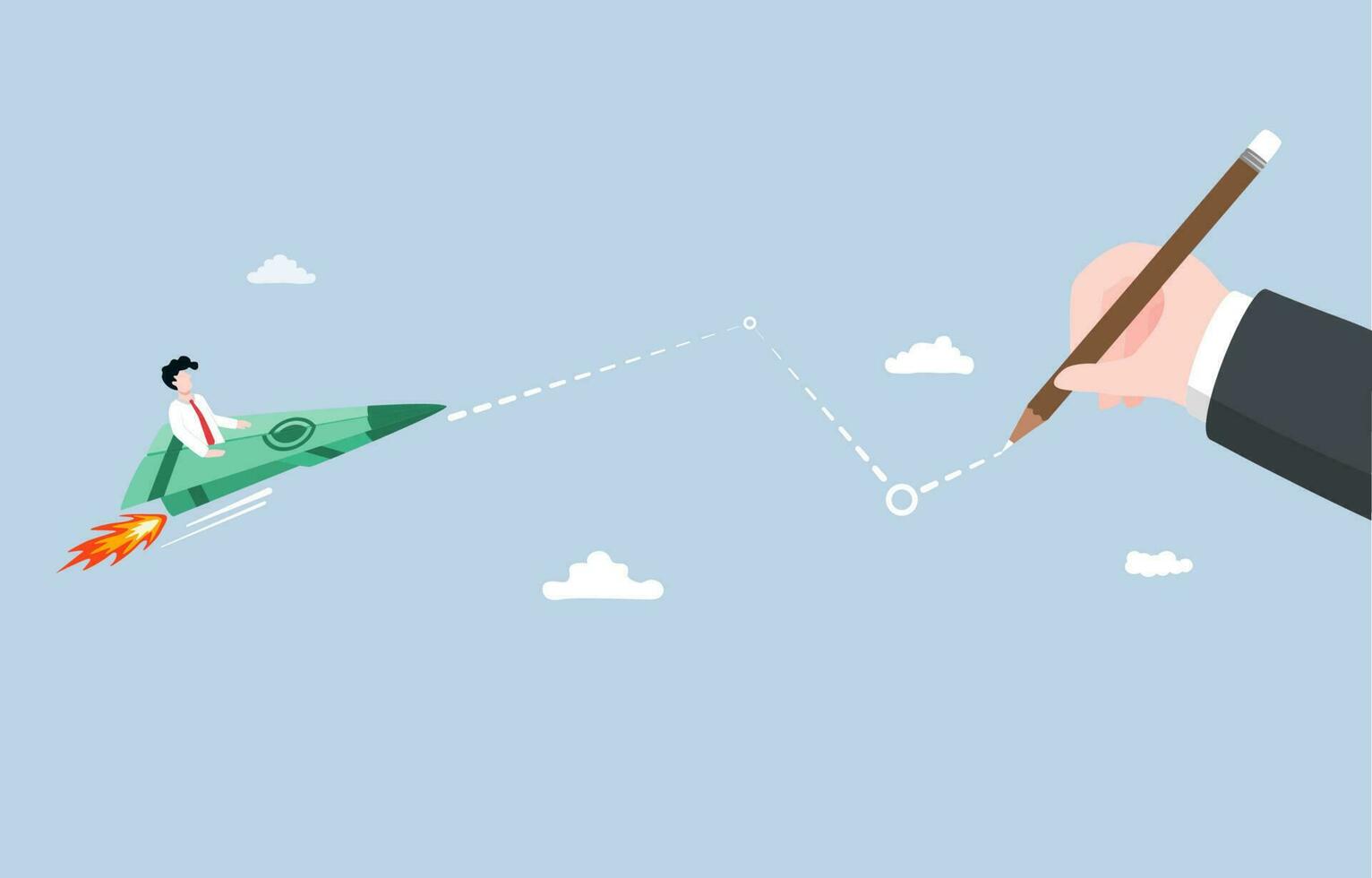 Guidance for investment, financial advisor, business consultant, making profit with expert advice concept, Businessman riding banknote origami plane following path from counsellor. vector