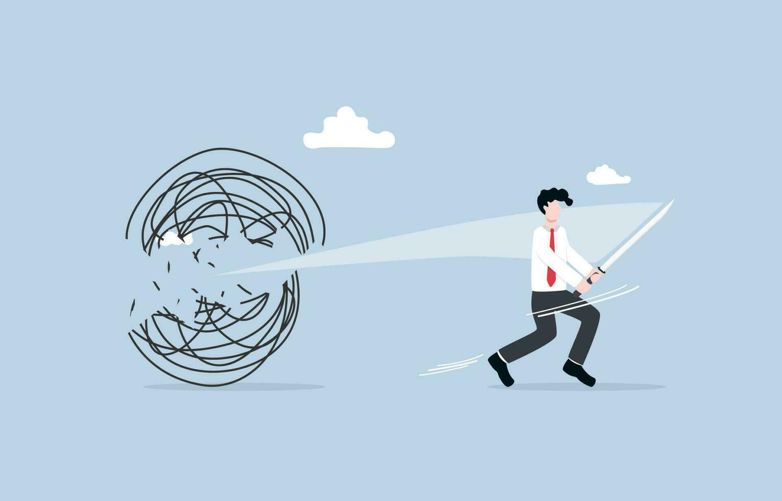 Overcome problem, breakthrough business obstacle, skill for getting through hardship concept, Businessman cutting messy line for moving forward. vector