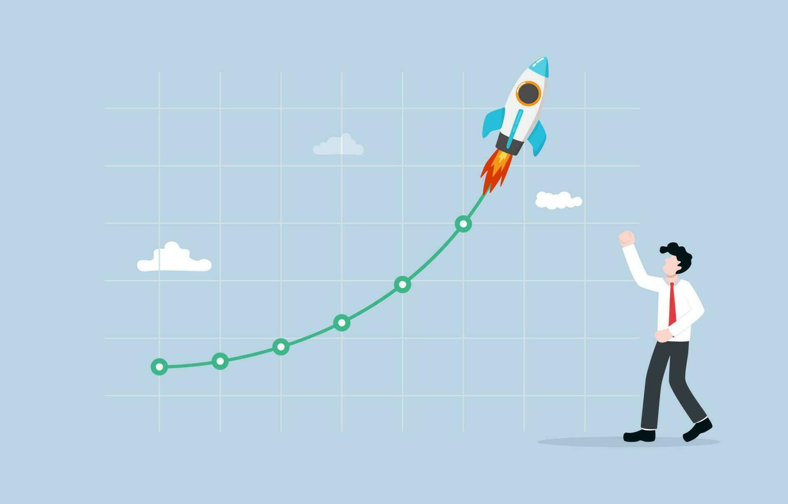 Rapid business growth, massive sales of products, skyrocketed profit, company earning or financial gain concept, Cheerful businessman with exponential graph. vector