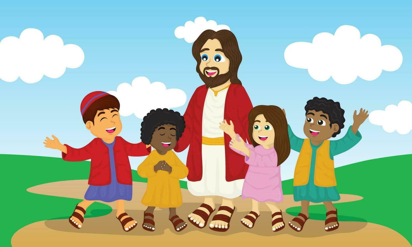 Jesús y contento niños, prado y azul cielo fondo, amar, cristiandad, vector ilustración, eps 10, editable