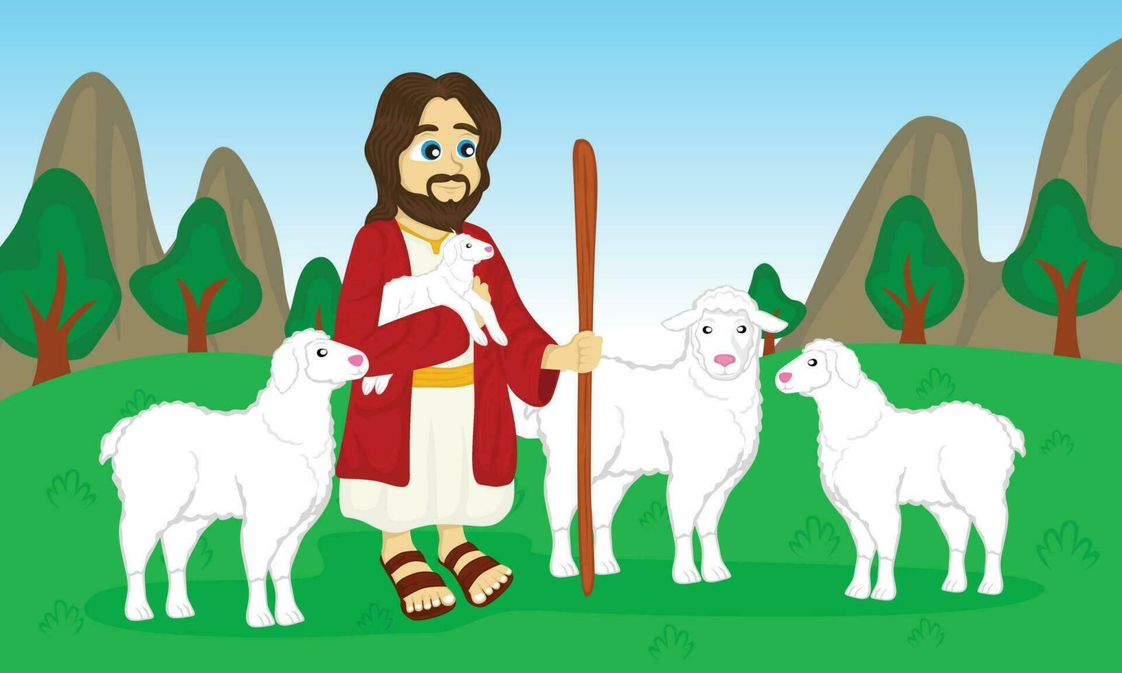Jesus the good shepherd with his sheep on a green meadow, bible illustration, vector, eps 10, editable vector