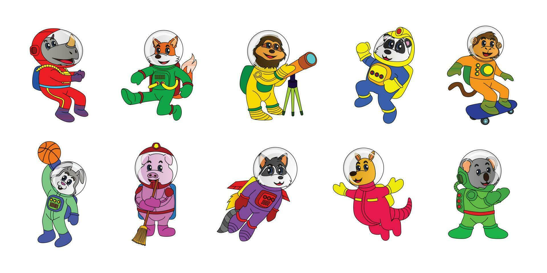 collection of astronaut animal character illustrations, vector, eps 10, editable, animals, stickers, children's books, coloring vector