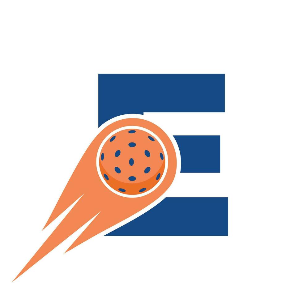 Initial Letter E Pickleball Logo Concept With Moving Pickleball Symbol. Pickle Ball Logotype Vector Template