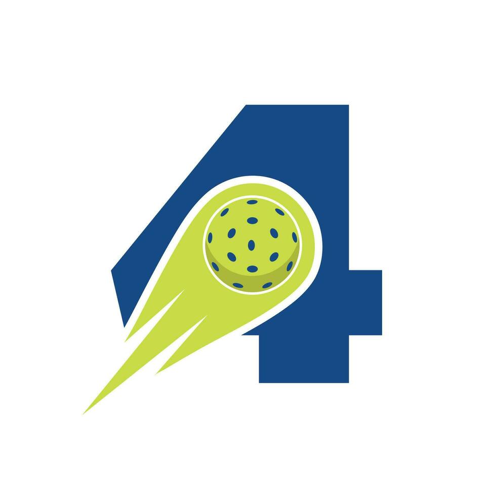 Initial Letter 4 Pickleball Logo Concept With Moving Pickleball Symbol. Pickle Ball Logotype Vector Template