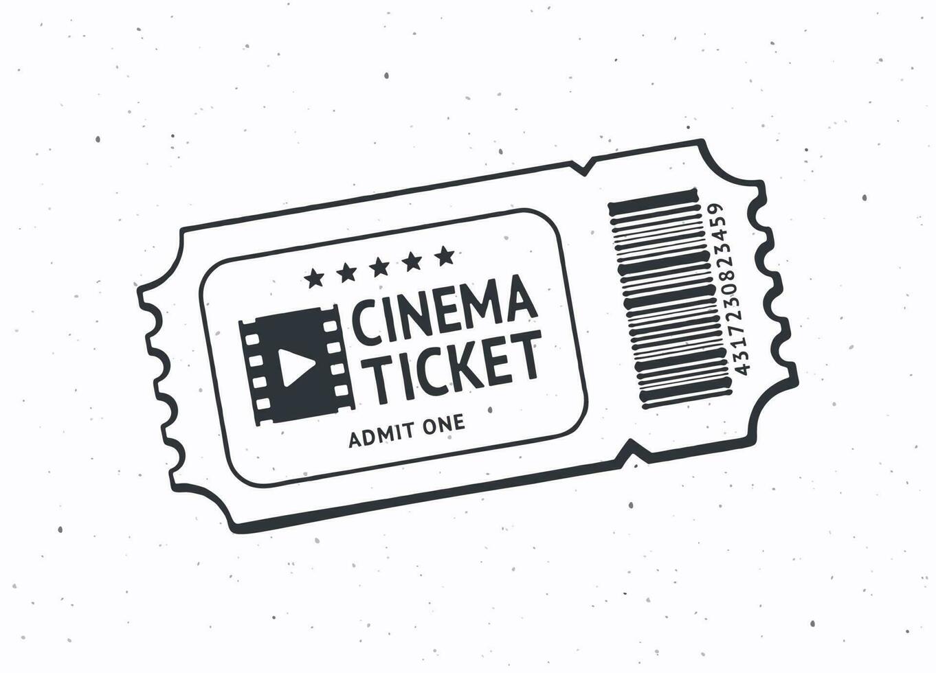 Outline of one cinema ticket. Paper retro coupon for movie entry. Symbol of the film industry. Vector illustration. Hand drawn black ink sketch, isolated on white background