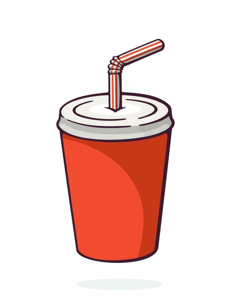 Cartoon illustration of disposable paper cup with soda and straw vector