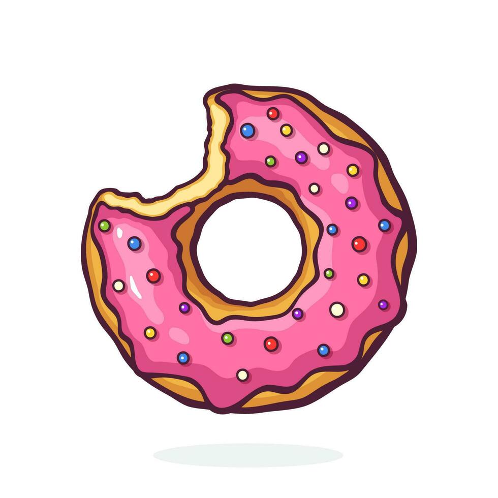 Cartoon illustration of bitten donut with pink glaze and colored powder vector
