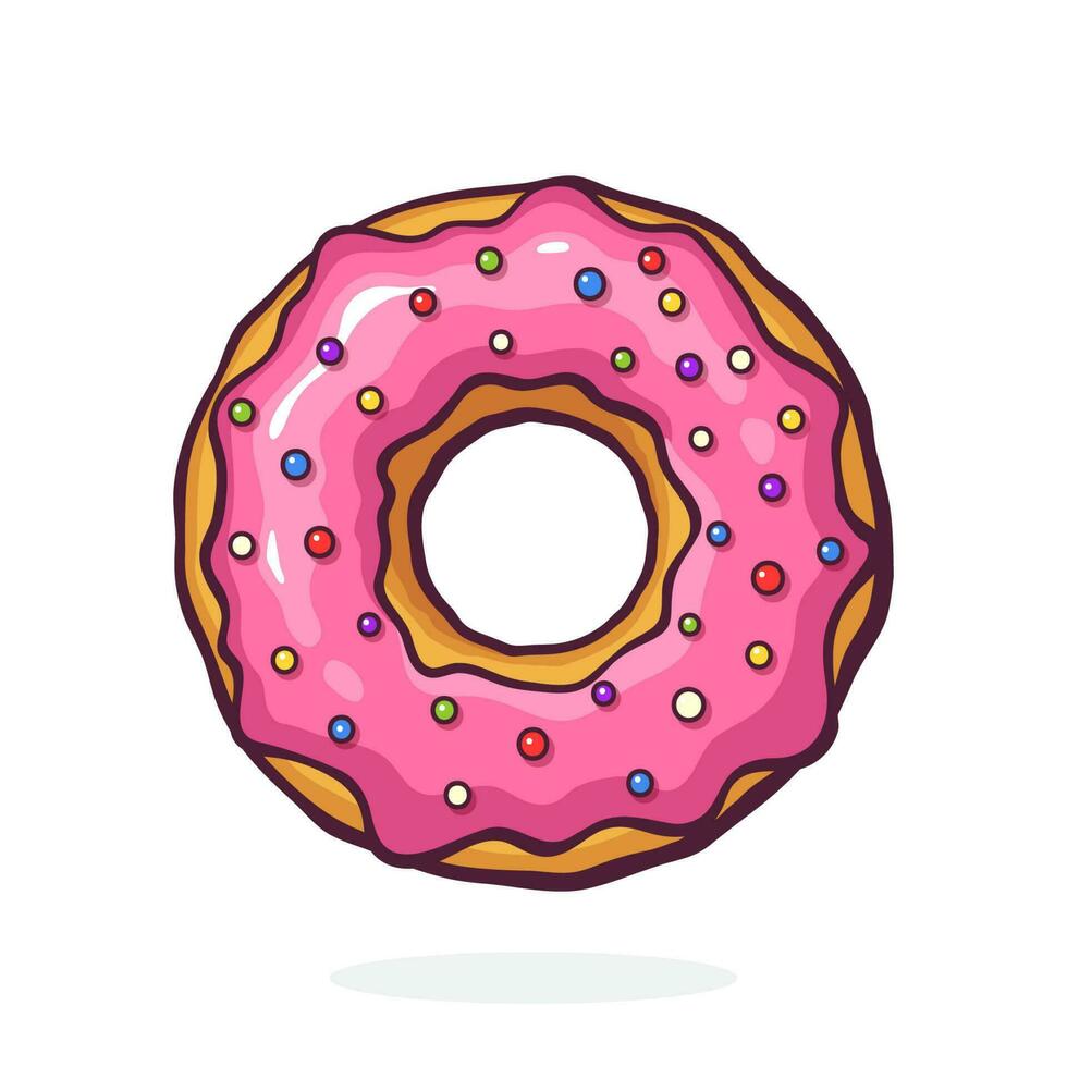 Cartoon illustration of donut with pink glaze and colored powder vector