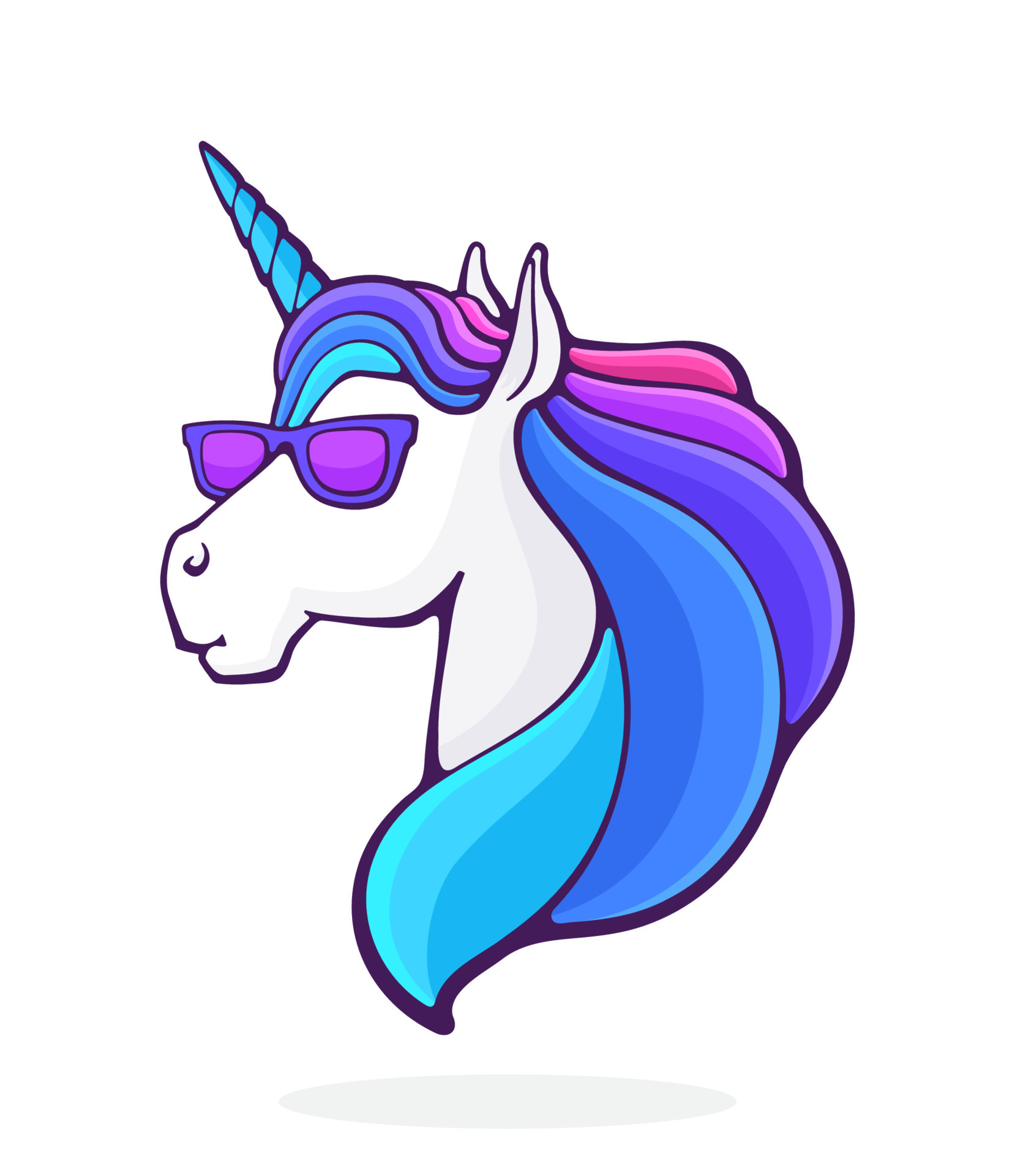 Cartoon illustration of fairy tale unicorn head in sunglasses with a ...