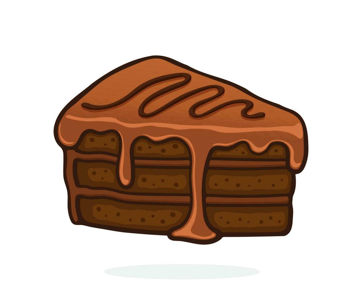 Cartoon illustration of a piece of cake with chocolate glaze cream and fondant. vector