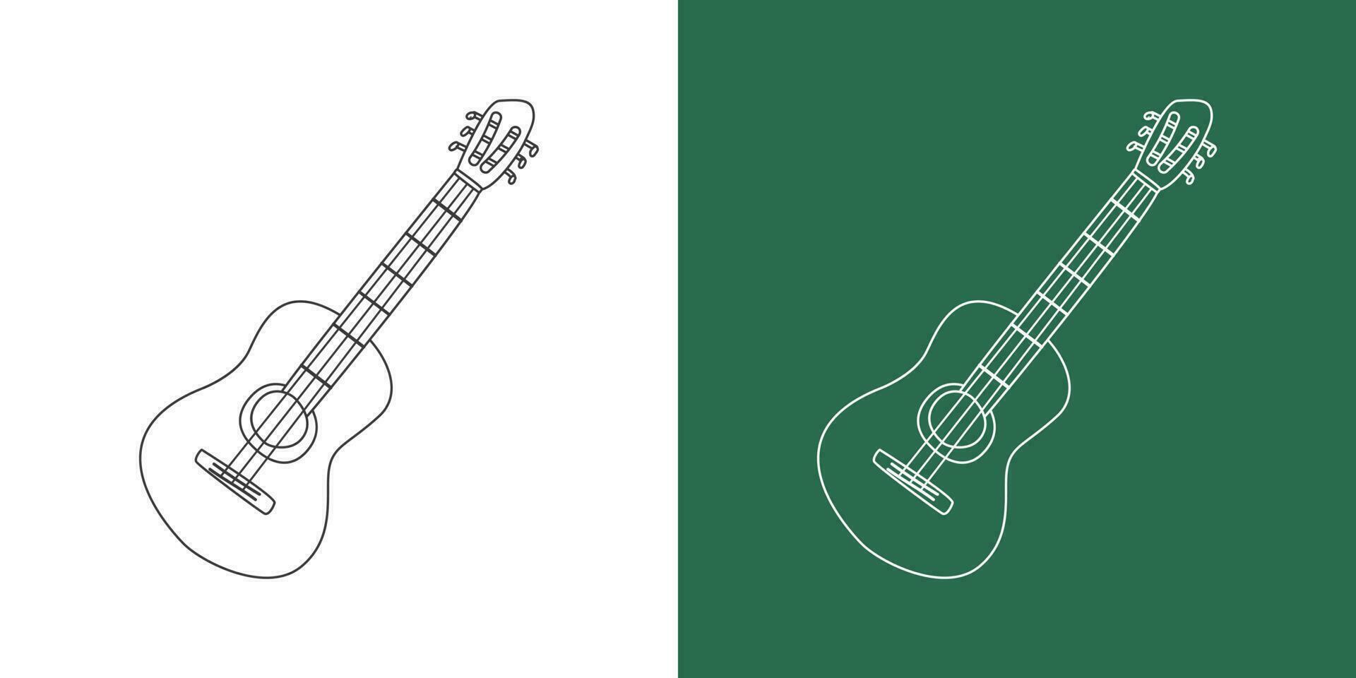 Classic guitar line drawing cartoon style. String instrument guitar clipart drawing in linear style isolated on white and chalkboard background. Musical instrument clipart concept, vector design