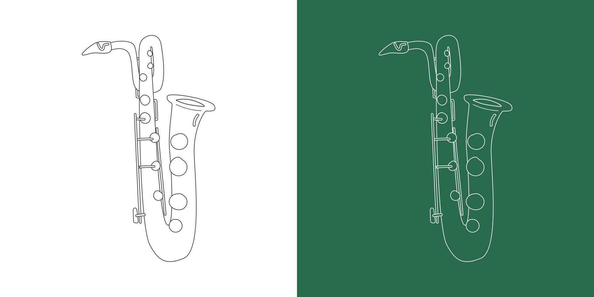barítono saxofón línea dibujo dibujos animados estilo. latón instrumento barítono saxofón clipart dibujo en lineal estilo aislado en blanco y pizarra antecedentes. musical instrumento clipart concepto vector