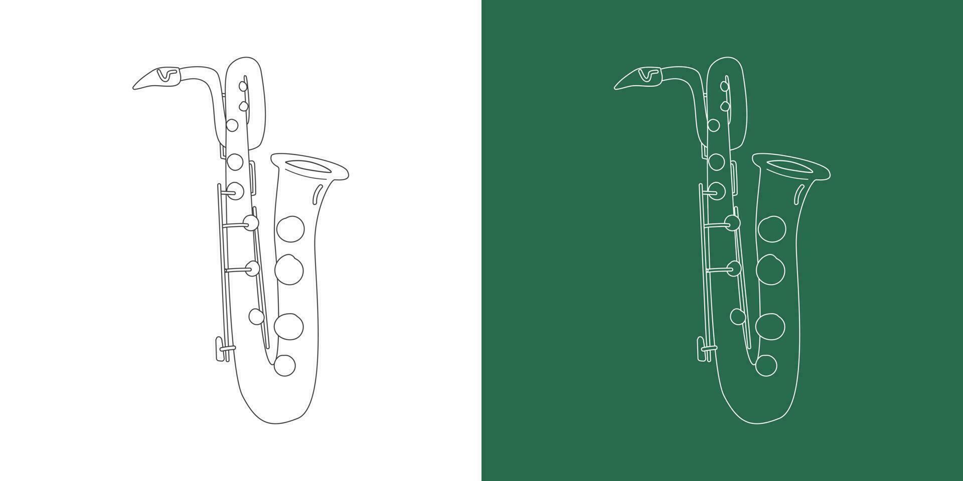 Baritone saxophone line drawing cartoon style. Brass instrument baritone saxophone clipart drawing in linear style isolated on white and chalkboard background. Musical instrument clipart concept vector