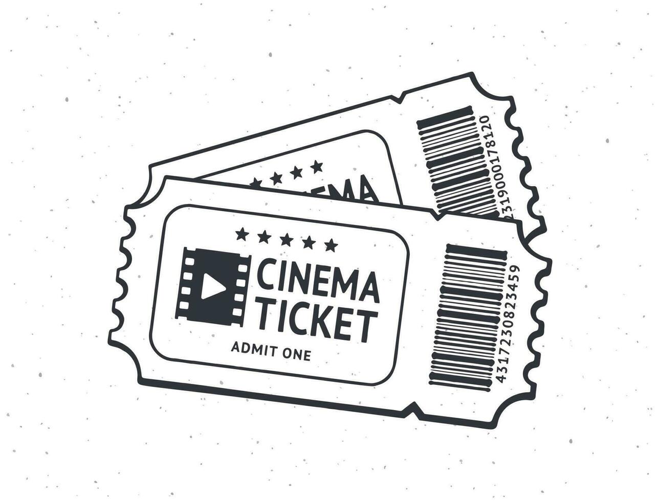 Outline of two cinema tickets. Pair paper retro coupons for movie entry. Symbol of the film industry. Vector illustration. Hand drawn black ink sketch, isolated on white background