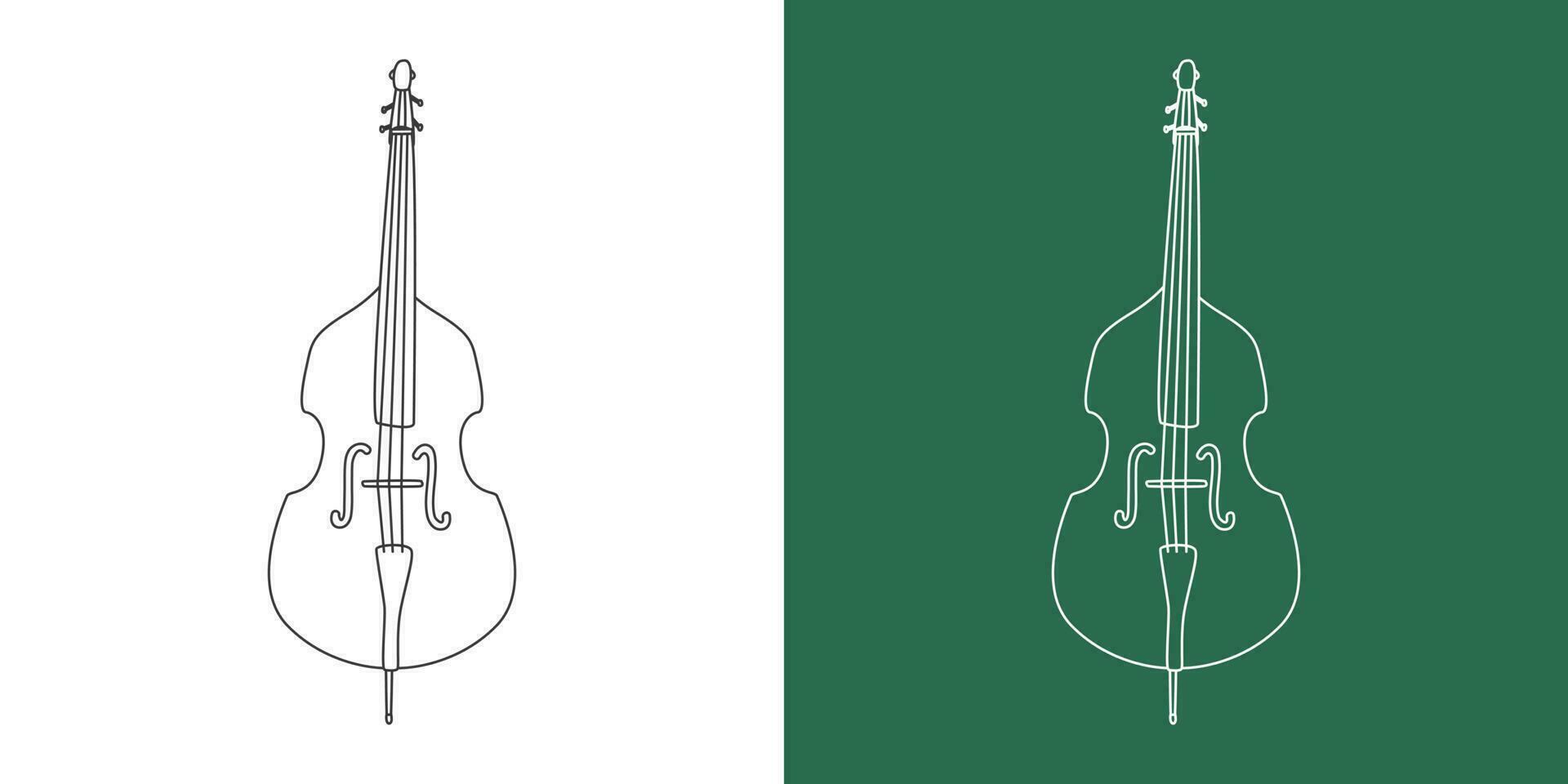Double bass line drawing cartoon style. String instrument double bass clipart drawing in linear style isolated on white and chalkboard background. Musical instrument clipart concept, vector design