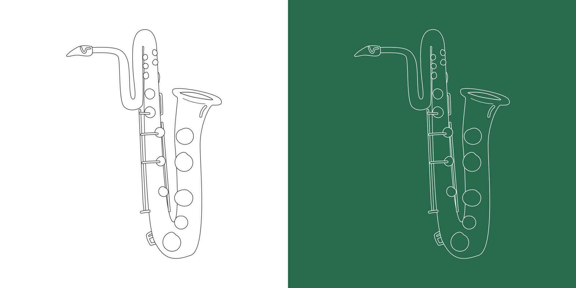 Bass saxophone line drawing cartoon style. Brass instrument bass saxophone clipart drawing in linear style isolated on white and chalkboard background. Musical wind instrument clipart concept, vector