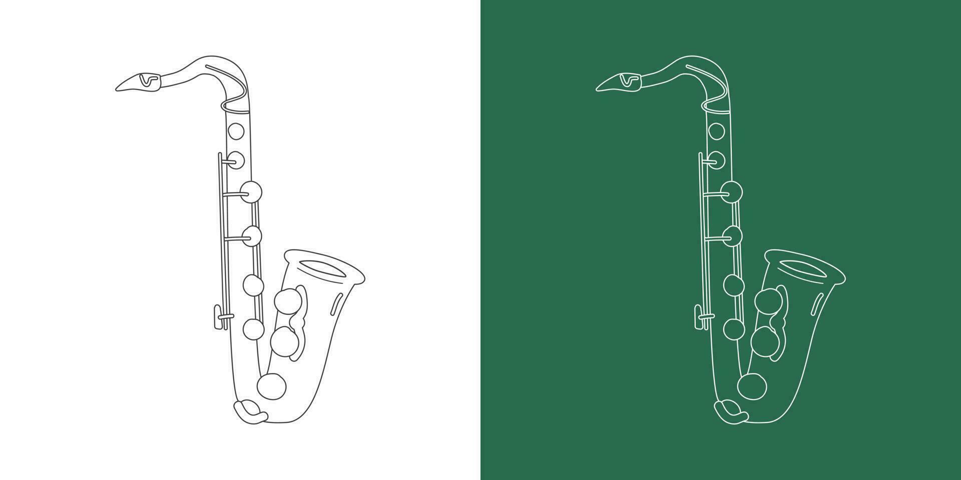 Tenor saxophone line drawing cartoon style. Brass instrument tenor saxophone clipart drawing in linear style isolated on white and chalkboard background. Musical wind instrument clipart concept vector