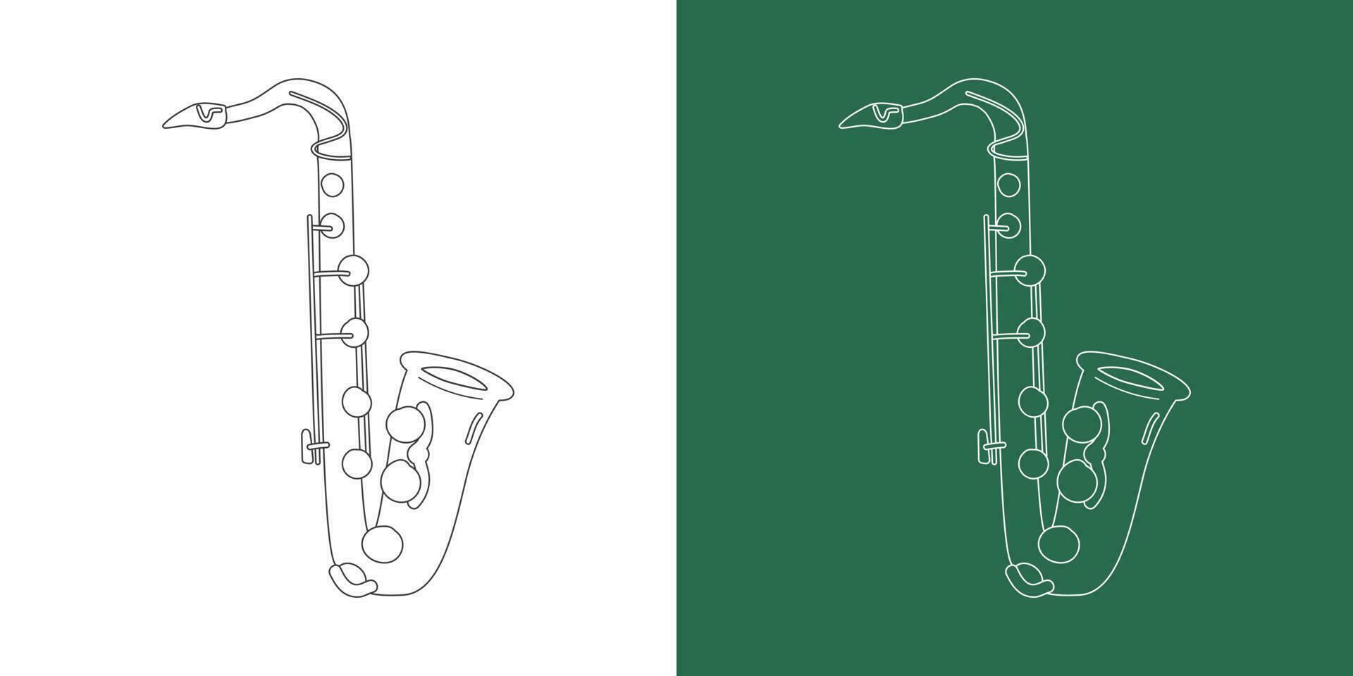 Tenor saxophone line drawing cartoon style. Brass instrument tenor saxophone clipart drawing in linear style isolated on white and chalkboard background. Musical wind instrument clipart concept vector