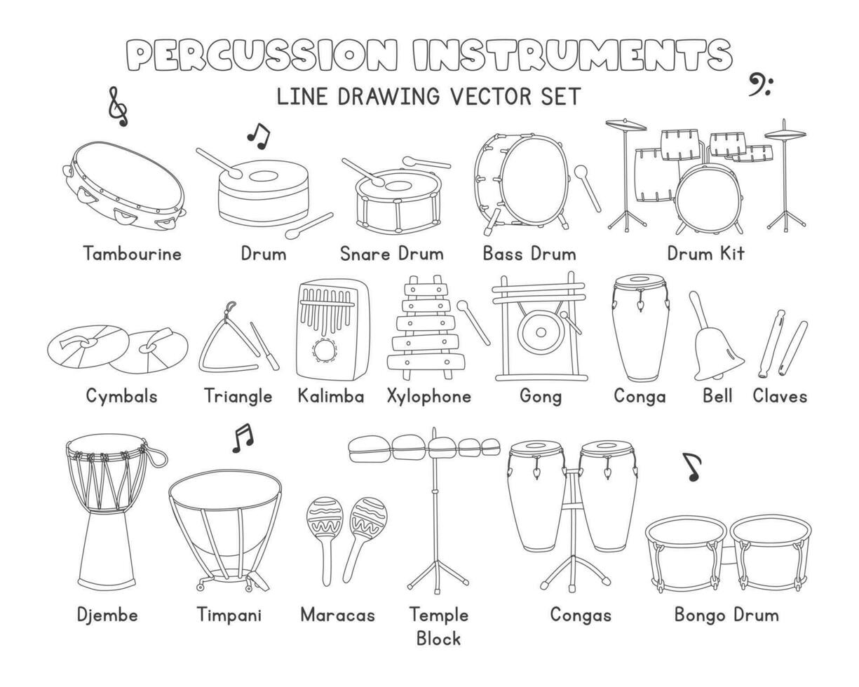 musical percusión instrumentos línea dibujo vector colocar. latón instrumentos pandereta, trampa tambor, platillos, congas, djembe clipart dibujos animados estilo, línea Arte mano dibujado