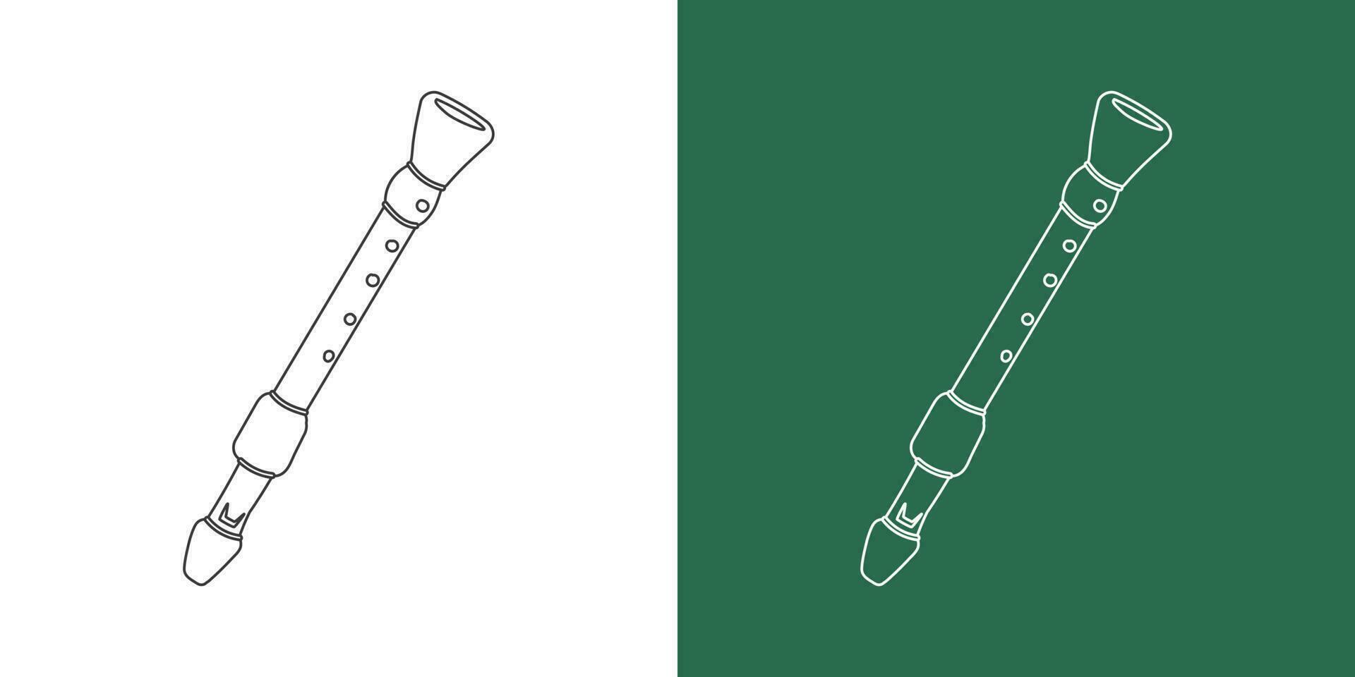 Recorder line drawing cartoon style. Woodwind instrument flute recorder clipart drawing in linear style isolated on white and chalkboard background. Musical instrument clipart concept, vector design