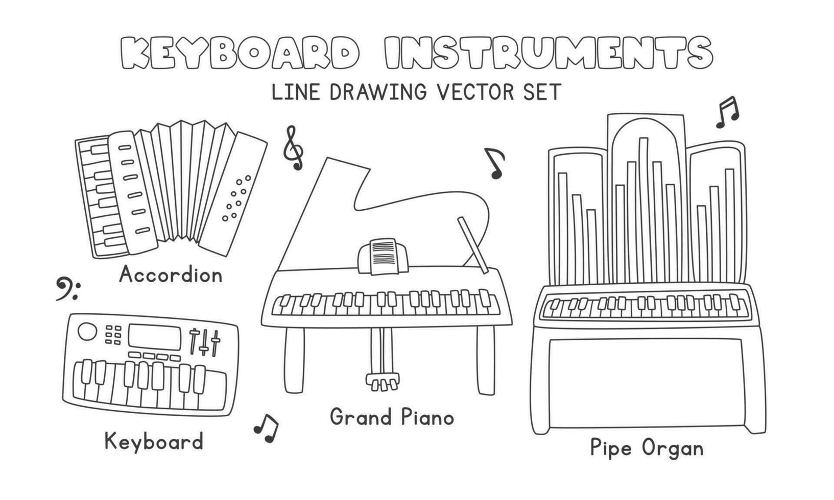 Musical keyboard instruments line drawing vector set. Accordion, grand piano, keyboard, pipe organ clipart cartoon style, line art hand drawn