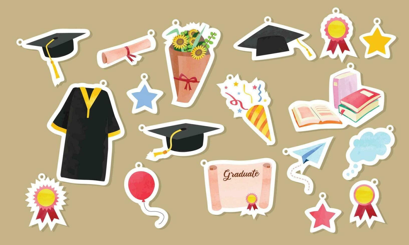 Graduation clipart cartoon stickers set. Graduation gown, cap, diploma, confetti, ribbon, flower bouquet stickers vector design. School graduation concept