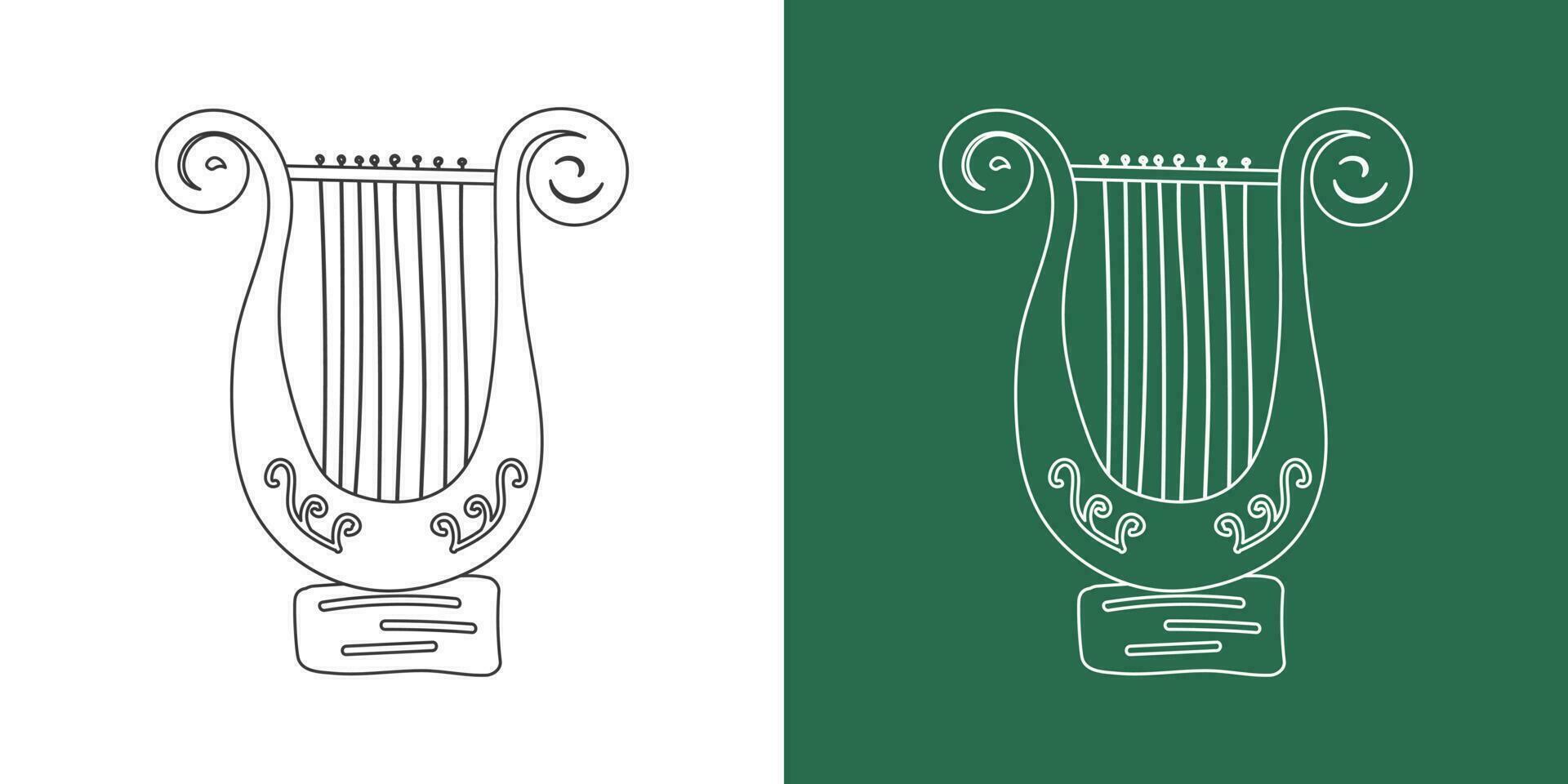 Lyre line drawing cartoon style. String instrument lyre clipart drawing in linear style isolated on white and chalkboard background. Musical instrument clipart concept, vector design