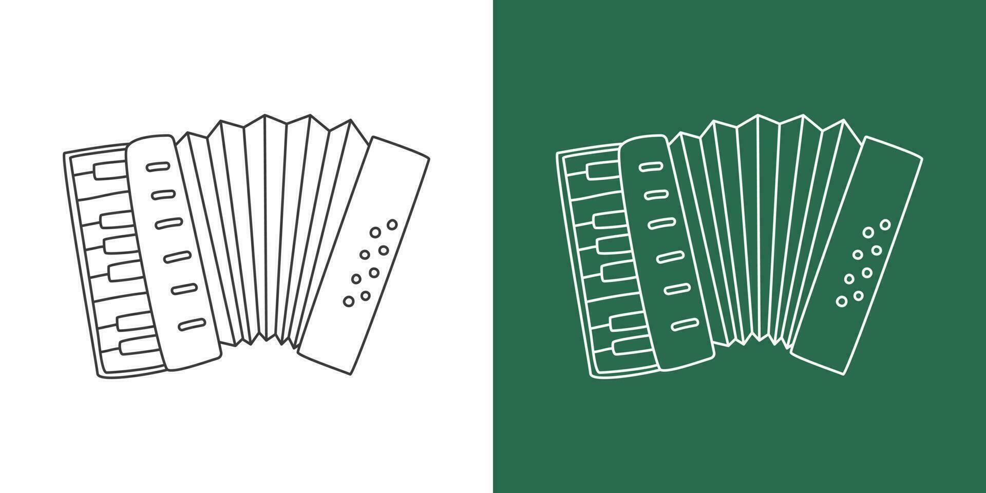 Accordion line drawing cartoon style. Keyboard instrument accordion clipart drawing in linear style isolated on white and chalkboard background. Musical instrument clipart concept, vector design