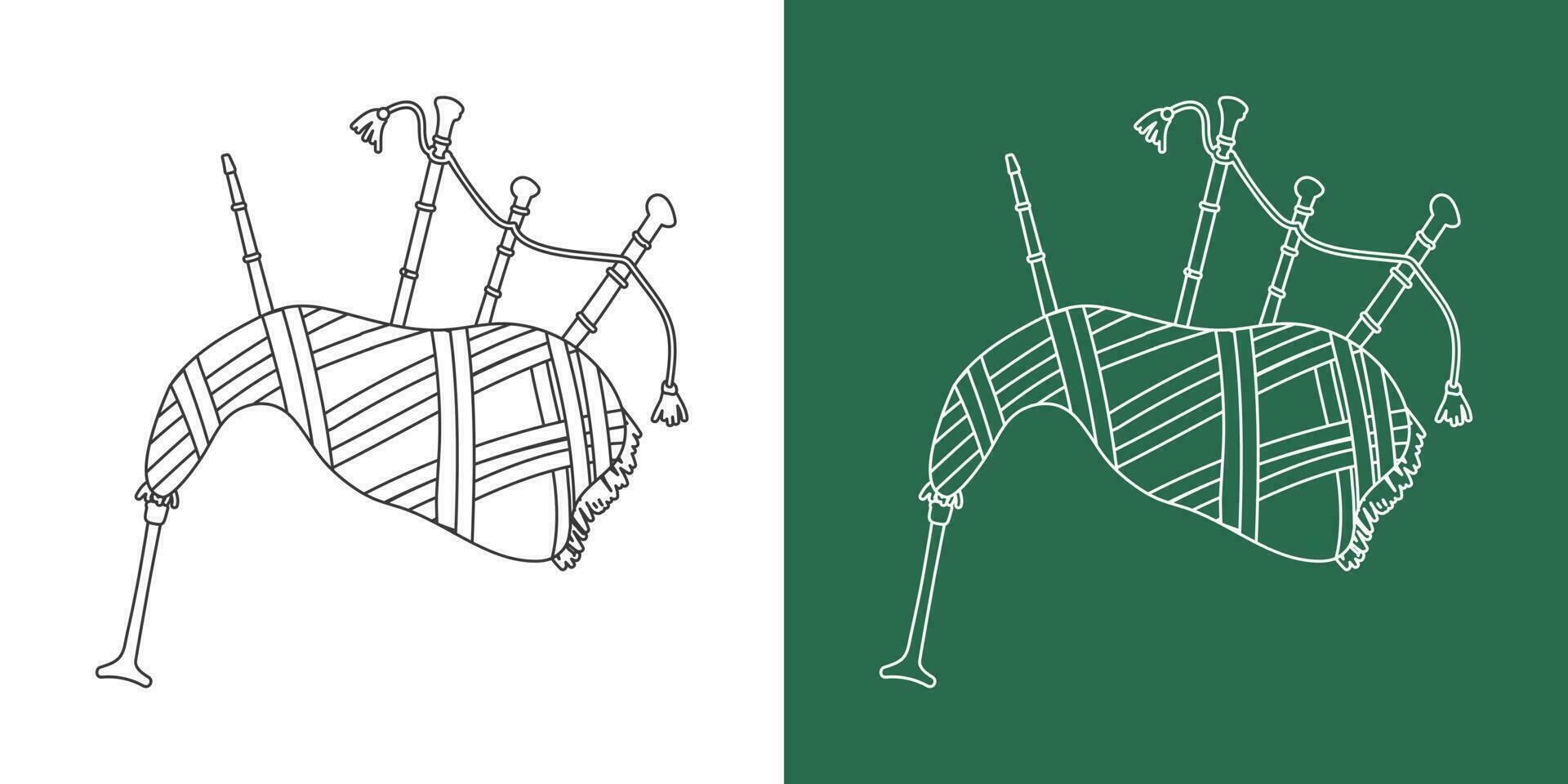 Bagpipes line drawing cartoon style. Musical instrument Scottish bagpipe clipart drawing in linear style isolated on white and chalkboard background. Musical instrument clipart concept vector