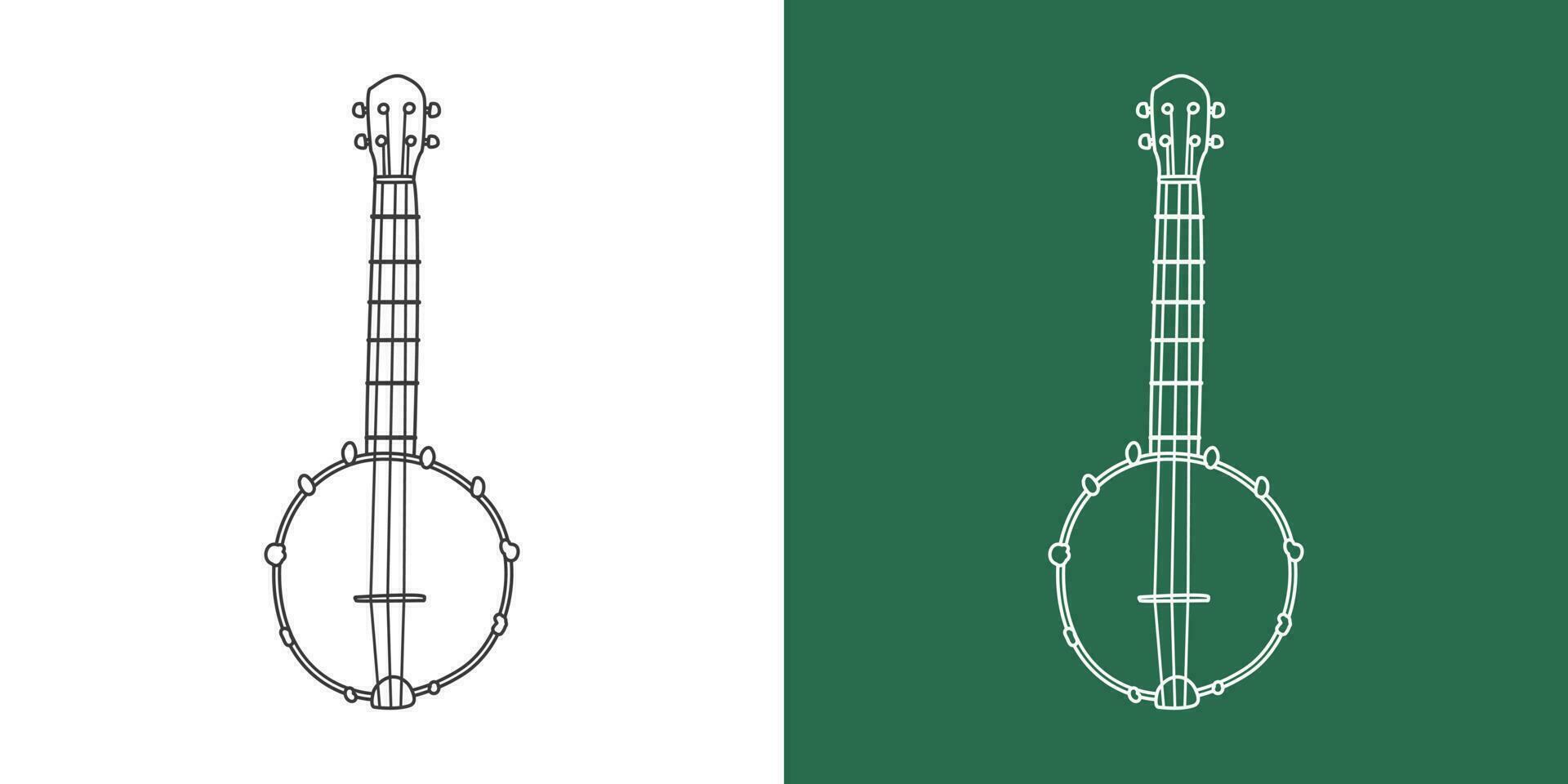 Banjo line drawing cartoon style. String instrument banjo clipart drawing in linear style isolated on white and chalkboard background. Musical instrument clipart concept, vector design