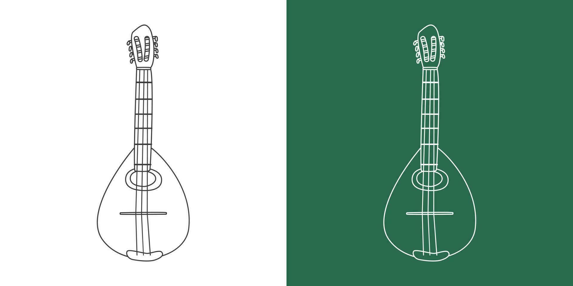 Mandolin line drawing cartoon style. String instrument mandolin clipart drawing in linear style isolated on white and chalkboard background. Musical instrument clipart concept, vector design