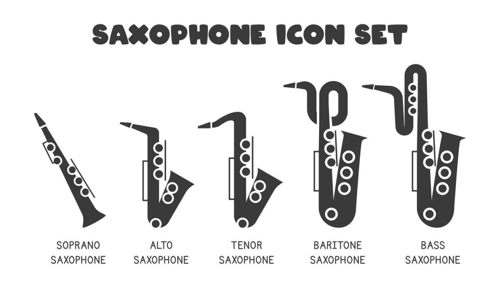 Types of saxophone flat web icon set. Saxophone logo design. Soprano, alto, tenor, baritone, bass saxophone types sign silhouette solid black icon vector design. Musical instruments concept