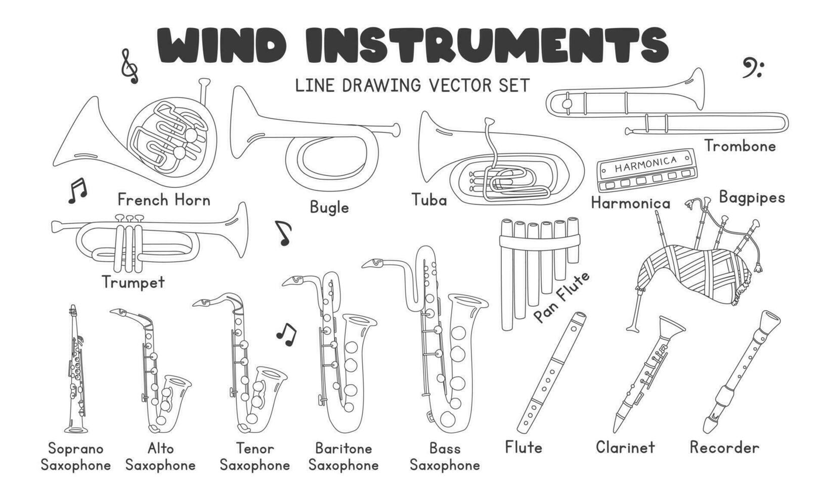 Musical wind instruments line drawing vector set. Trumpet, saxophone, pan flute, bagpipes clipart cartoon style, line art hand drawn style