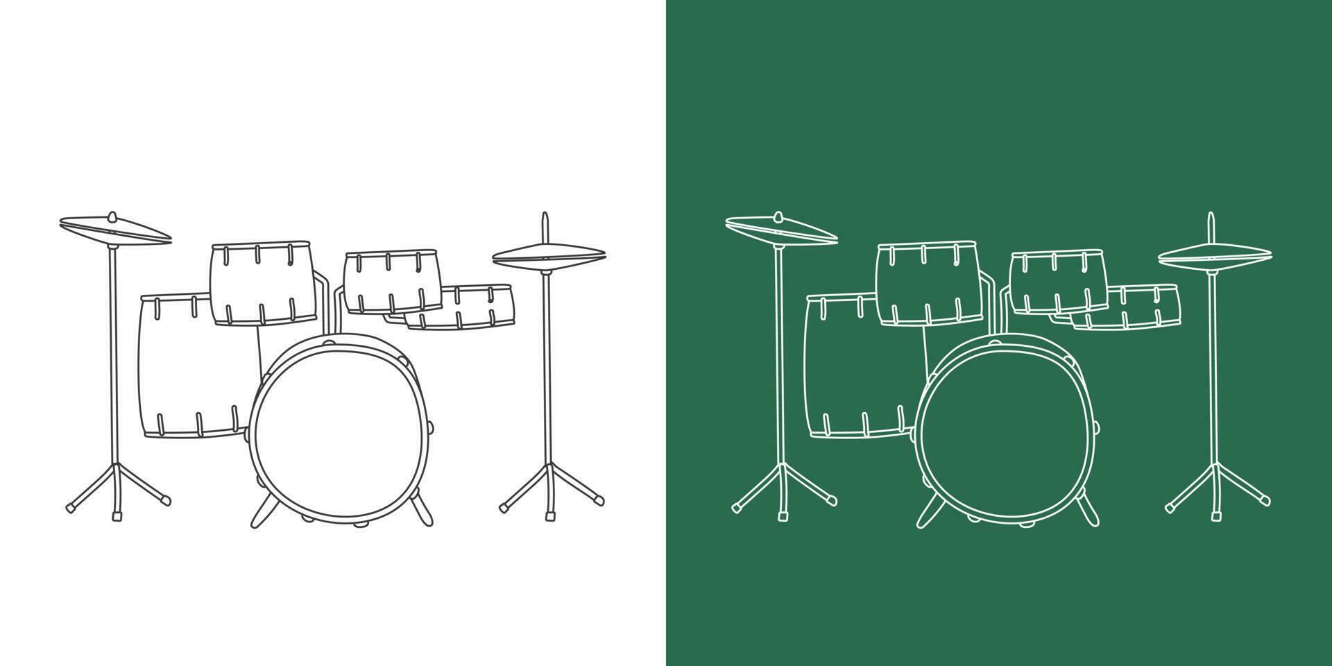 Drum kit line drawing cartoon style. Percussion instrument drum set