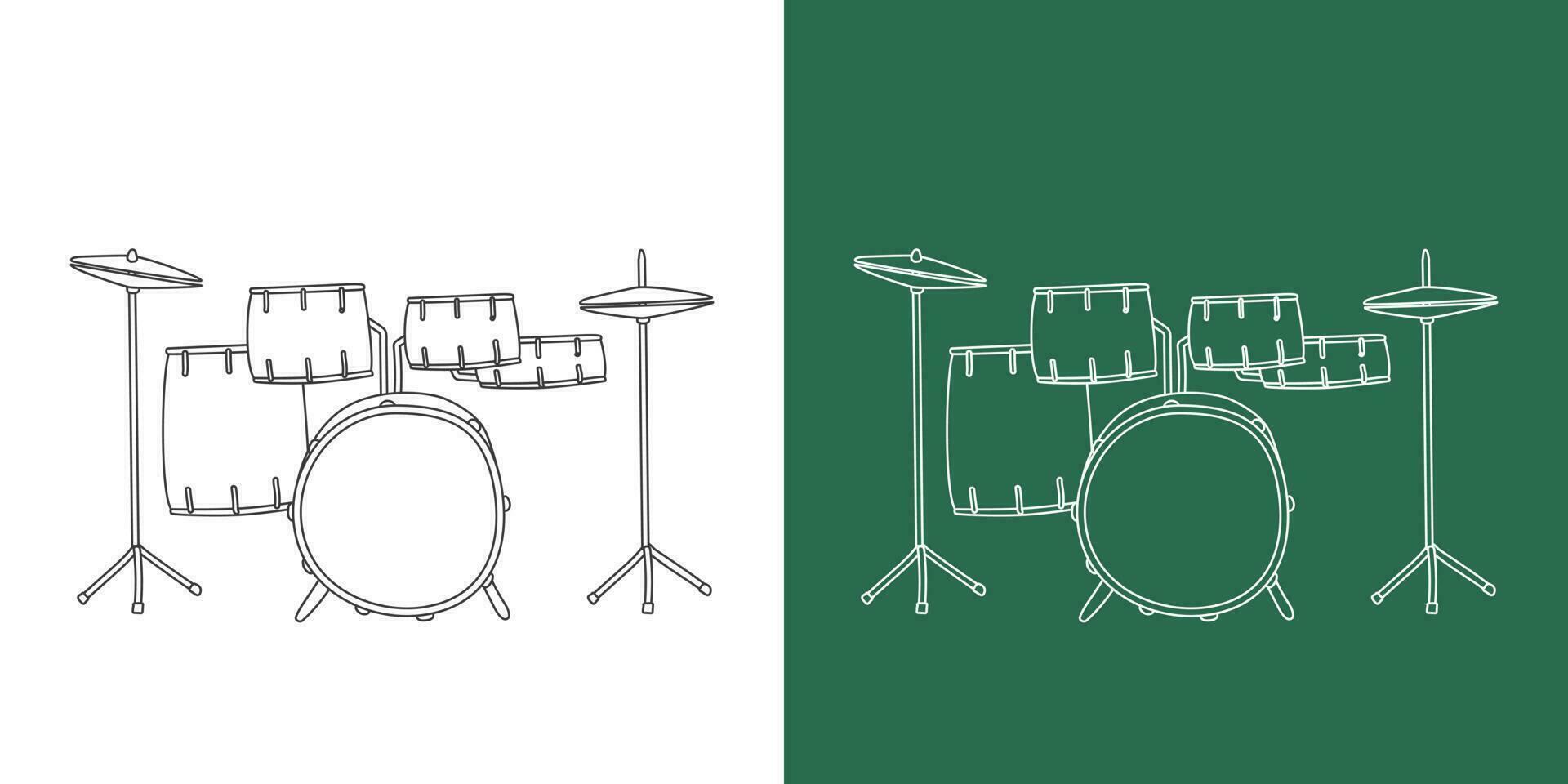 Drum kit line drawing cartoon style. Percussion instrument drum set clipart drawing in linear style isolated on white and chalkboard background. Musical instrument clipart concept, vector design