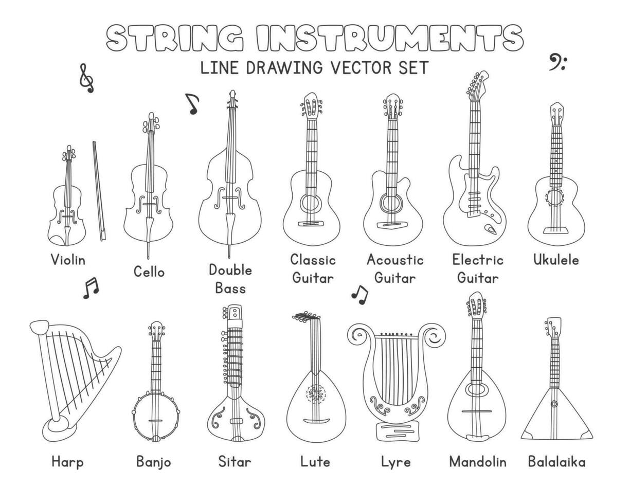 musical cuerda instrumentos línea dibujo vector colocar. violín, violonchelo, doble bajo, guitarra, arpa, banjo, sitar, laúd, lira clipart dibujos animados estilo, línea Arte mano dibujado