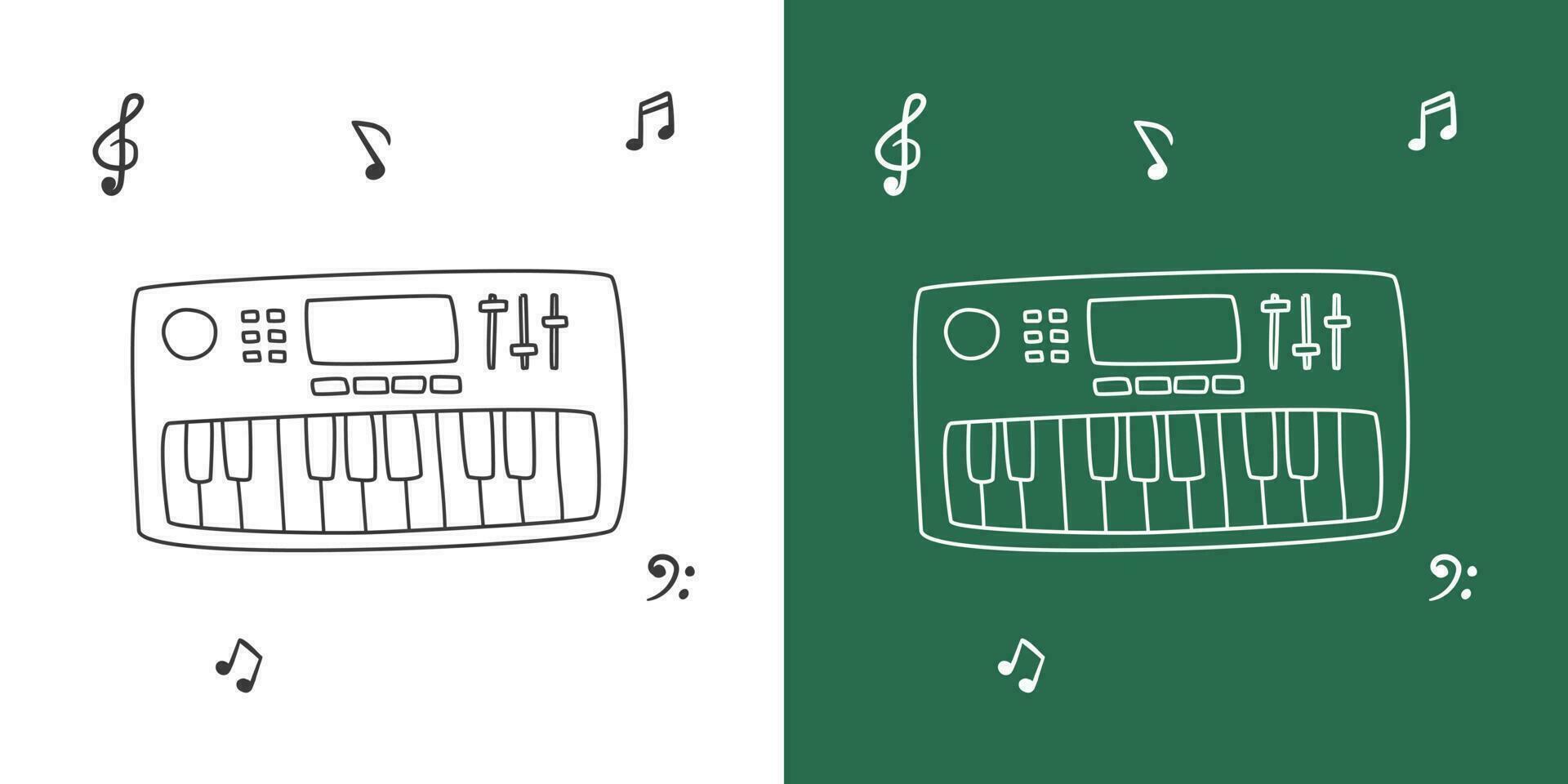 Electric keyboard line drawing vector design. Musical instrument keyboard piano clipart drawing in linear style isolated on white and chalkboard background. Musical instrument clipart concept
