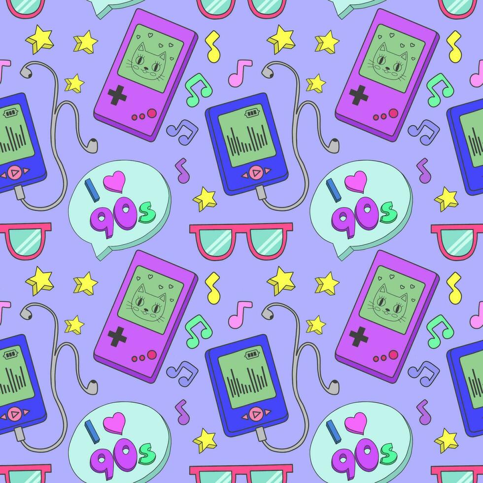 Seamless pattern with retro icons depicting tamagotchi, a game console, a player, glasses and other items in the colorful style of the 80s and 90s. Flat vector illustration.