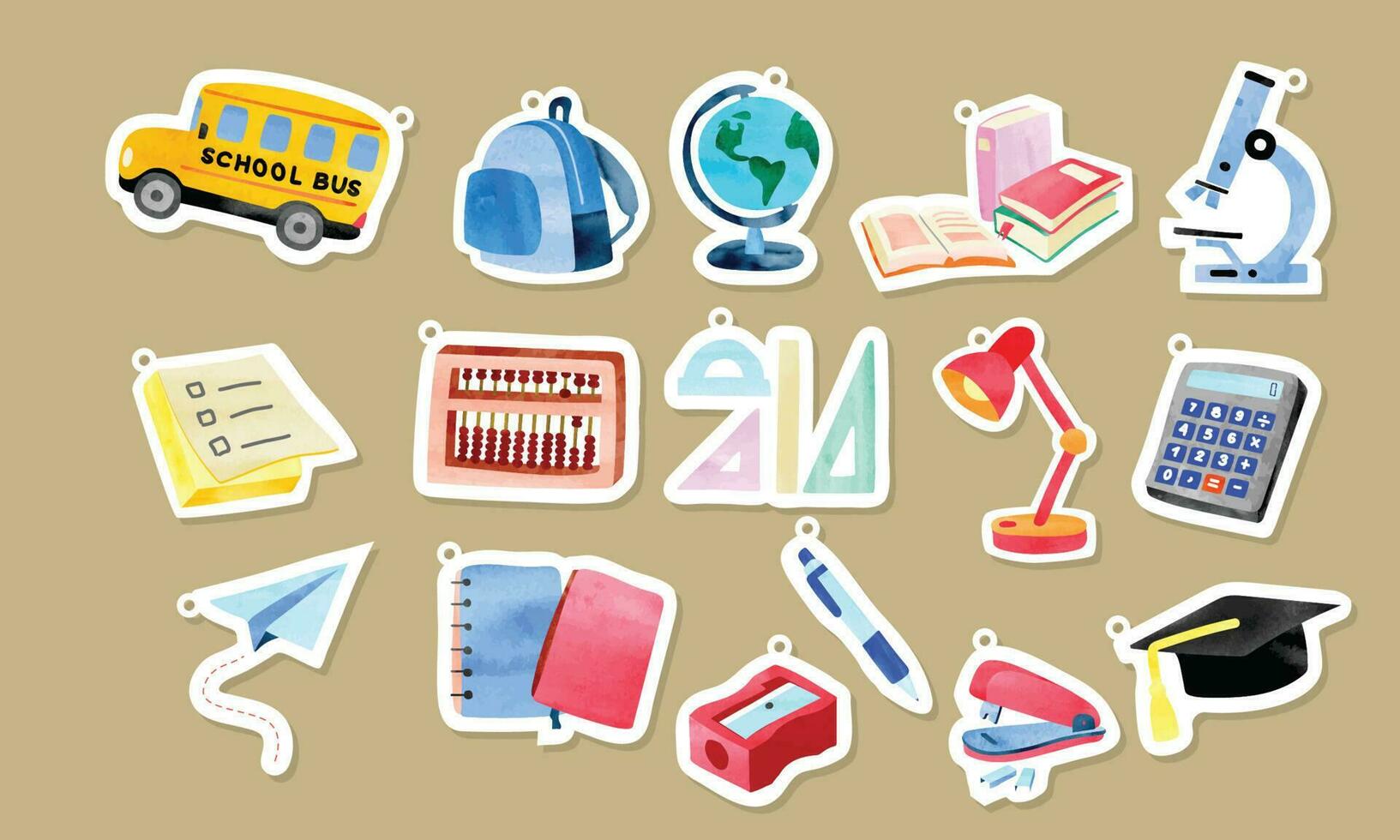 Adorable school supplies clipart cartoon stickers set. School bus, globe, books, abacus, sticky note, pen, notebook, sharpener stickers vector design. Back to school concept