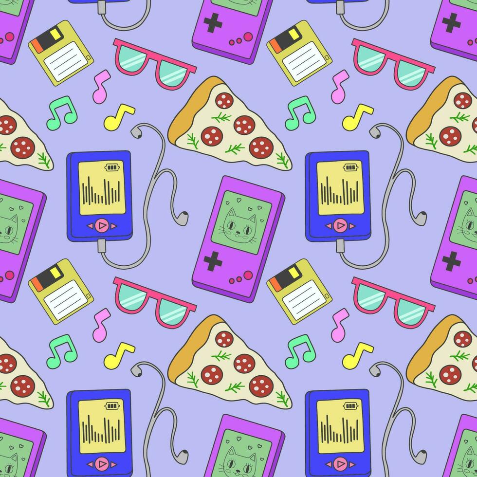 Seamless pattern with retro icons depicting tamagotchi, a game console, a player and other items in the colorful style of the 80-90s. Flat vector illustration.