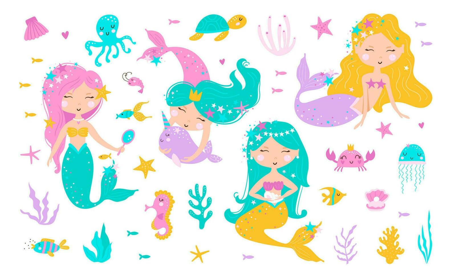 linda conjunto con sirenas, hojas, conchas marinas, caballo de mar y pez. mar vida. vector ilustración