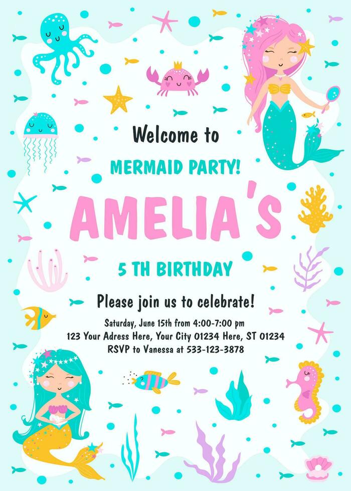 Kids birthday party invitation card with cute mermaid. Vector illustration